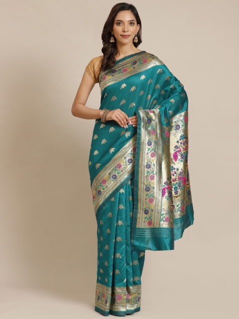 

Nanda Silk Mills Teal Green & Golden Woven Design Saree