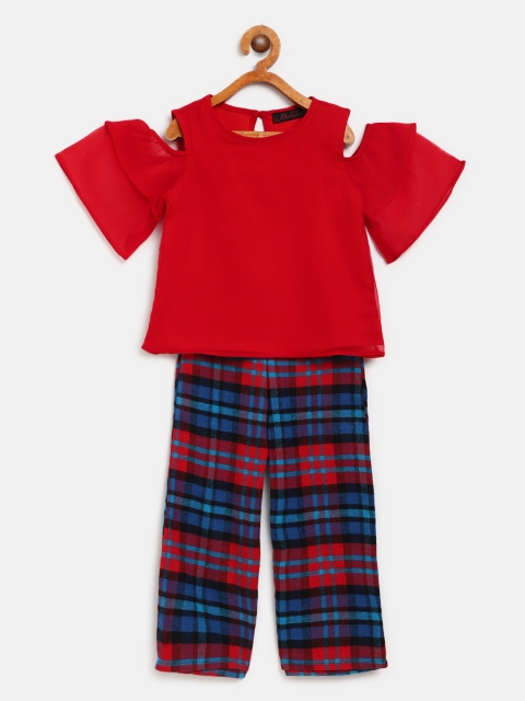 

pspeaches Girls Red & Blue Solid Top with Self-Checked Flannel Trousers