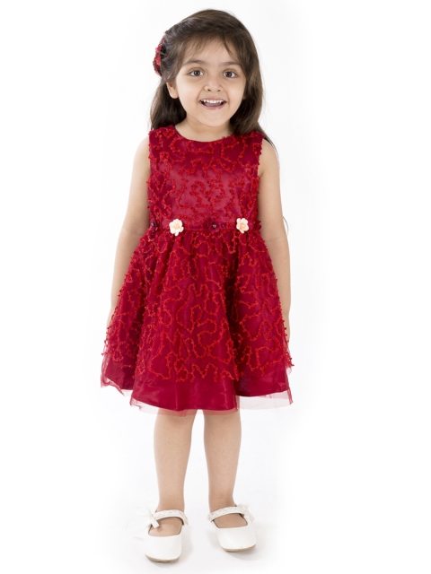 

pspeaches Girls Maroon Self Design Net Layered Fit & Flare Dress