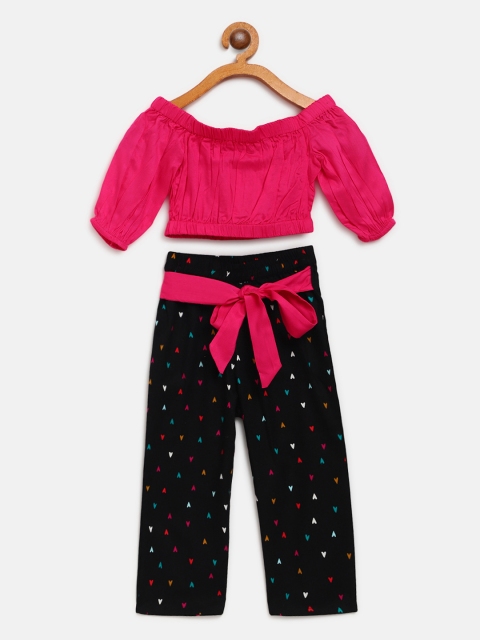 

pspeaches Girls Fuchsia Pink & Black Solid Off-Shoulder Crop Top with Trousers