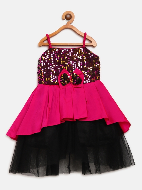 

pspeaches Girls Fuchsia Pink & Black Sequinned Net Layered Fit & Flare Dress
