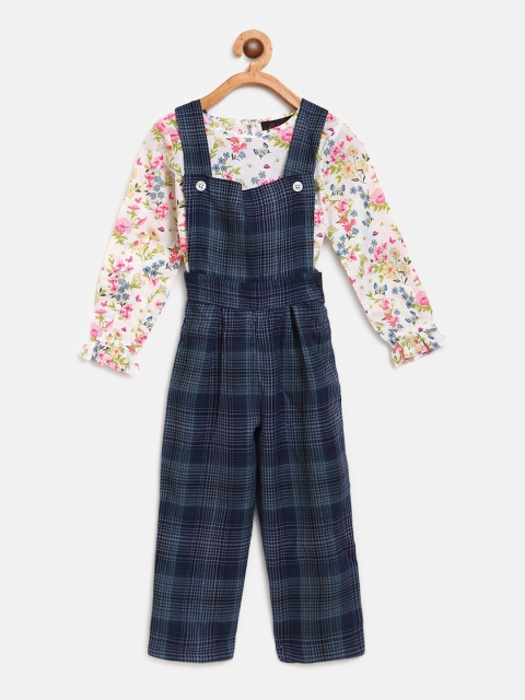 

pspeaches Girls White & Navy Blue Floral Print Top with Self-Checked Dungarees