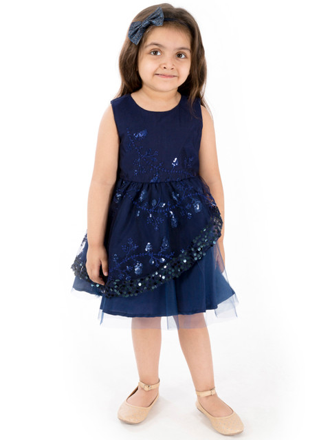 

pspeaches Girls Navy Blue Floral Sequinned Net Layered Fit & Flare Dress