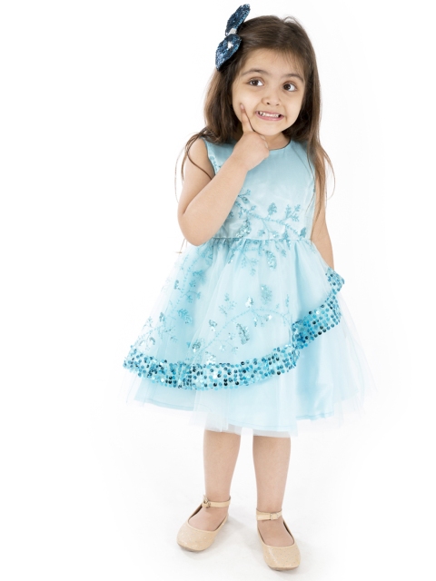 

pspeaches Girls Blue Floral Sequinned Net Layered Fit & Flare Dress