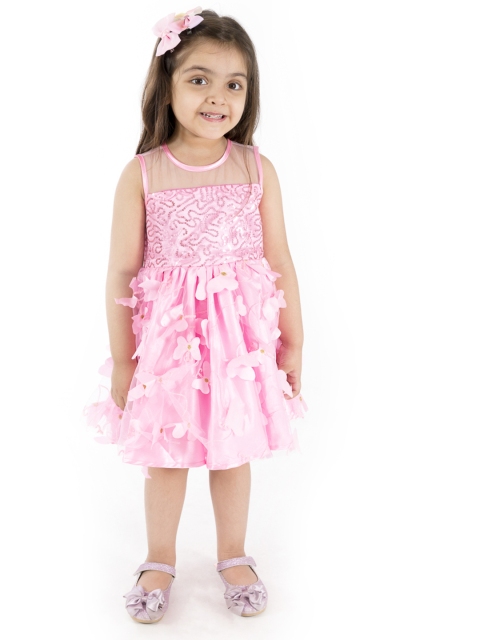 

pspeaches Girls Pink Sequinned Butterfly Applique Net Layered Fit & Flare Dress