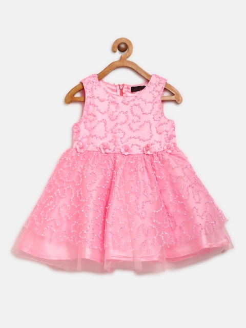 

pspeaches Girls Pink Self Design Net Layered Fit & Flare Dress