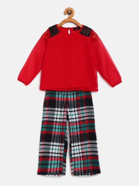 

pspeaches Girls Red & Black Solid Top with Self-Checked Flannel Trousers