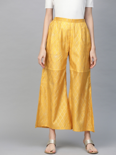

Ahalyaa Women Mustard Yellow & Golden Ethnic Printed Cropped Wide Leg Palazzos