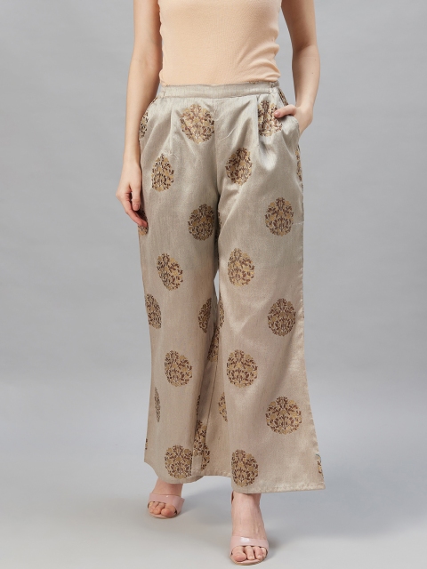 

Ahalyaa Women Grey & Golden Ethnic Printed Flared Palazzos