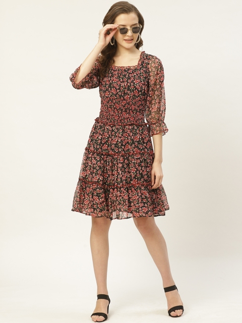 

Antheaa Women Black & Red Floral Printed Tiered Fit and Flare Dress