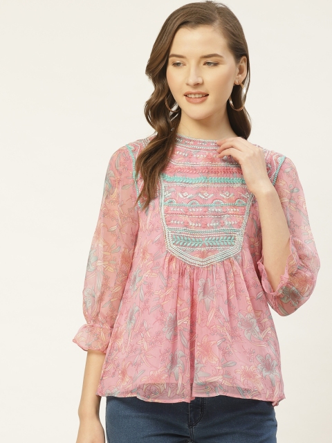 

Antheaa Women Pink & Green Floral Print Regular Top