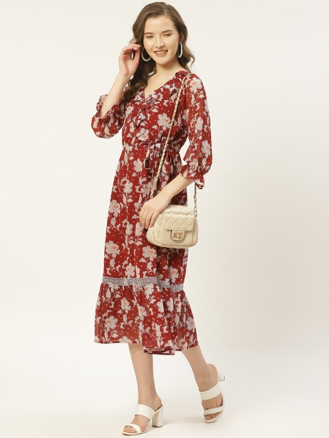 

Antheaa Women Maroon & Grey Floral Printed Wrap Dress