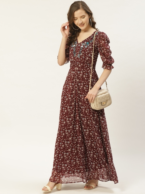 

Antheaa Women Burgundy & Blue Floral Printed Maxi Dress