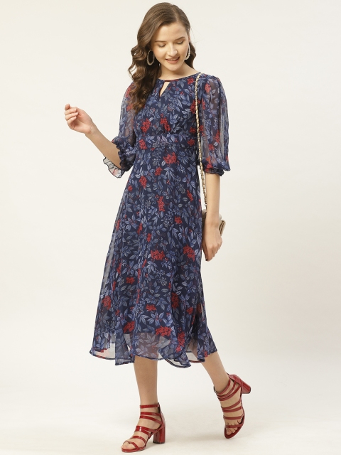 

Antheaa Women Navy Blue & Red Floral Print Sequinned Midi Fit & Flare Dress