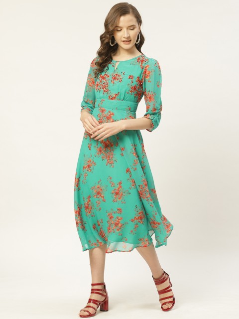

Antheaa Women Turquoise Blue & Red Floral Print Sequinned Midi Fit & Flare Dress
