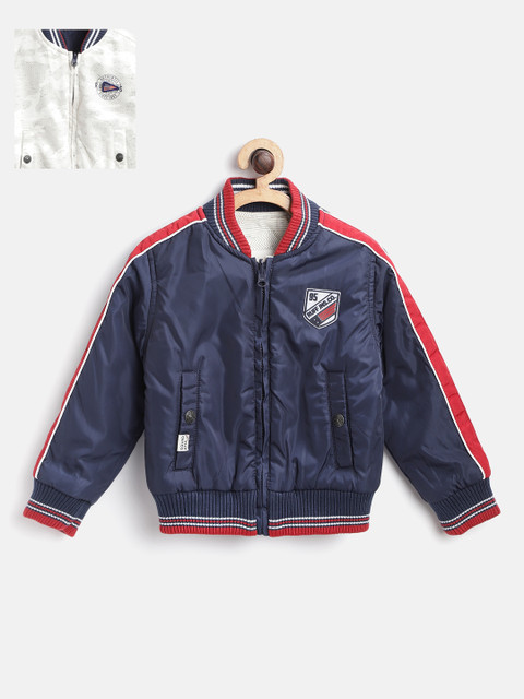 

RUFF Boys Navy Blue & Off-White Printed Reversible Bomber Jacket