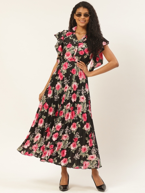 

U&F Women Black & Pink Floral Print Accordion Pleated Maxi Dress
