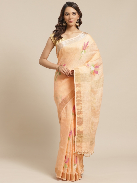 

Laa Calcutta Peach-Coloured Pure Linen Woven Design Dhakai Jamdani Saree