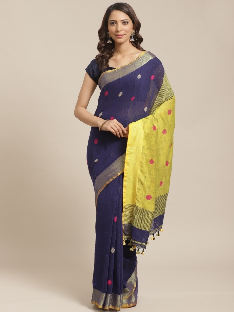 

Laa Calcutta Navy Blue & Yellow Handloom Woven Design Saree