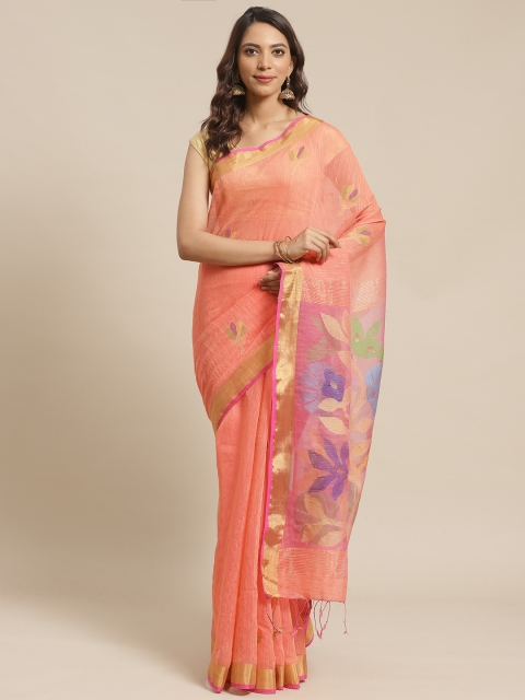

Laa Calcutta Peach-Coloured & Pure Silk Handloom Woven Design Dhakai Jamdani Saree