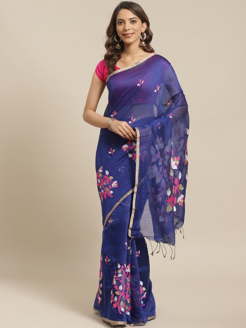 

Laa Calcutta Navy Blue & Pink Bengal Handloom Embroidered Saree