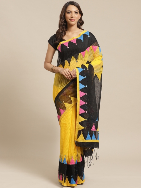 

Laa Calcutta Yellow & Black Mirror Work Detail Self Striped Bengal Handloom Saree