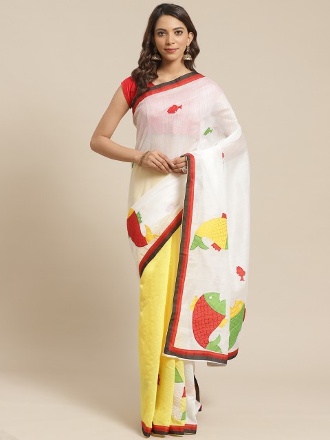 

Laa Calcutta White & Yellow Ethnic Motifs Applique Bengal Handloom Saree