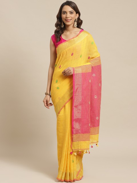 

Laa Calcutta Yellow & Pink Geometric Woven Design Handloom Saree