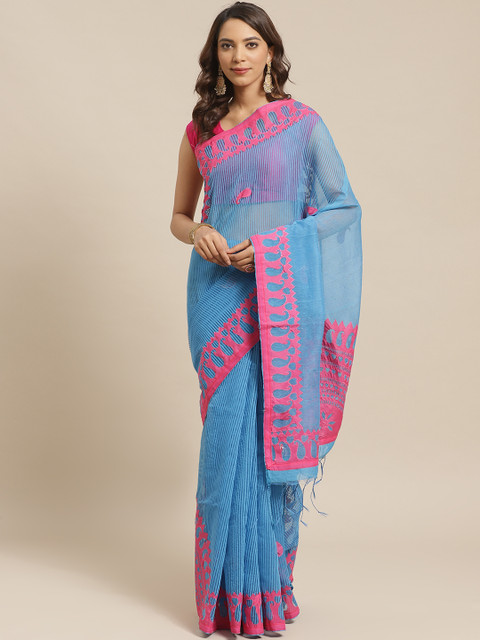 

Laa Calcutta Blue & Pink Self Striped Paisley Applique Bengal Handloom Saree