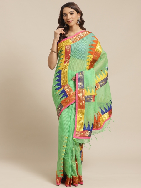 

Laa Calcutta Green & Blue Zari Woven Design Self Striped Bengal Handloom Saree