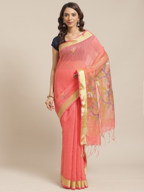 

Laa Calcutta Peach-Coloured Pure Silk Woven Design Jamdani Handloom Saree