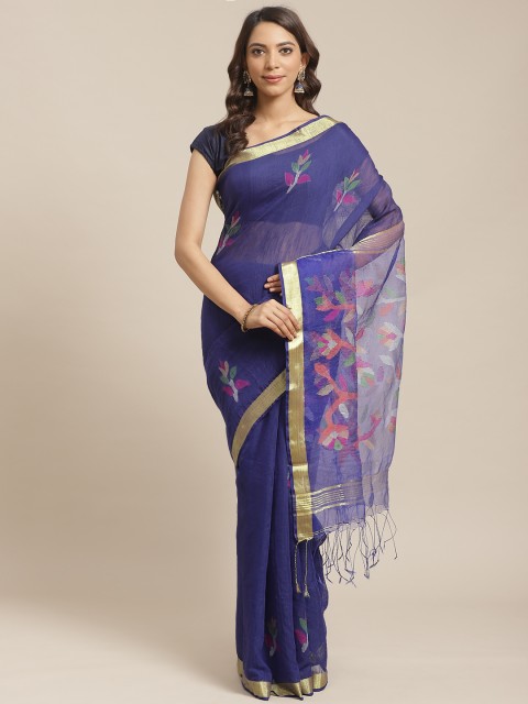 

Laa Calcutta Navy Blue Pure Silk Resam Dhakai Jamdani Saree
