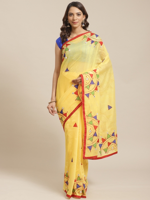 

Laa Calcutta Yellow & Blue Applique & Mirror Work Handloom Saree
