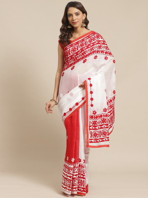 

Laa Calcutta White & Red Handloom Embroidered Kathiabari Saree
