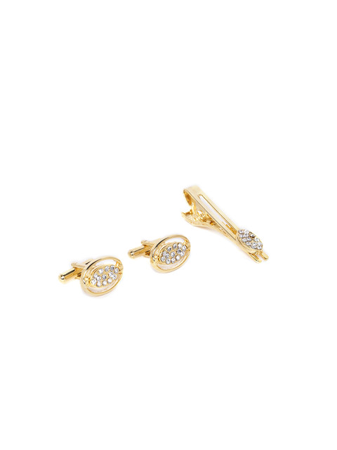 

D.C Creation Men Gold-Plated Artificial Stone-Studded Oval Cufflinks & Tie Pin