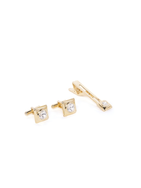 

D.C Creation Men Gold-Plated Stone-Studded Square Cufflinks & Tie Pin