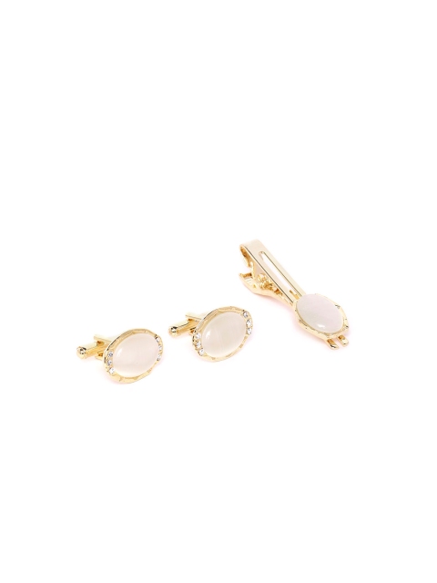 

D.C Creation Men Gold-Plated & Off-White Artificial Stone-Studded Oval Cufflinks & Tie Pin