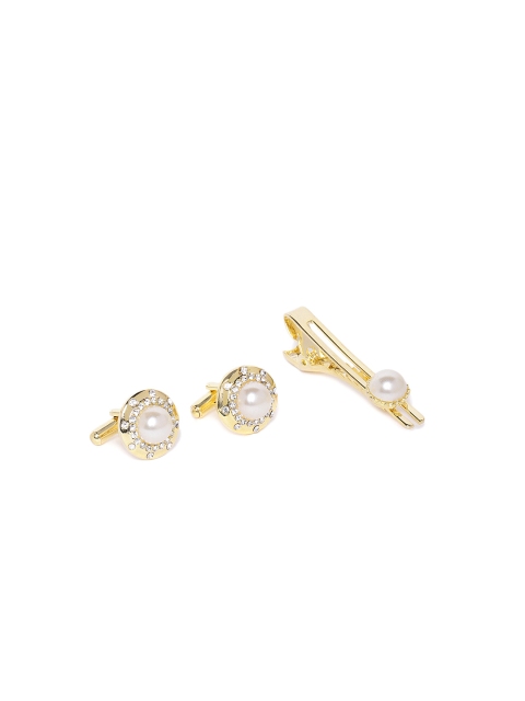 

D.C Creation Men Gold-Plated Artificial Stone & Bead-Studded Circular Cufflinks & Tie Pin