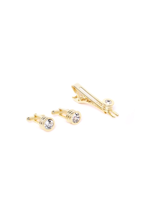 

D.C Creation Men Gold-Plated Artificial Stone-Studded Circular Cufflinks & Tie Pin
