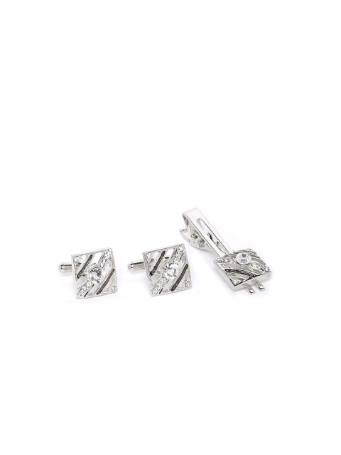 

D.C Creation Men Silver-Plated & Black Artificial Stone-Studded Square Cufflinks & Tie Pin