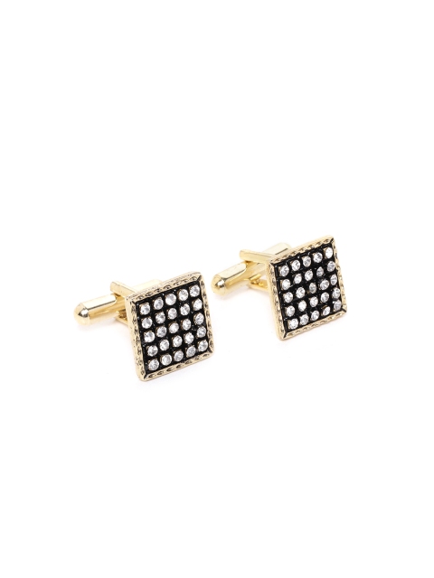 

D.C Creation Black Gold-Plated Enamelled & Stone-Studded Square Cufflinks