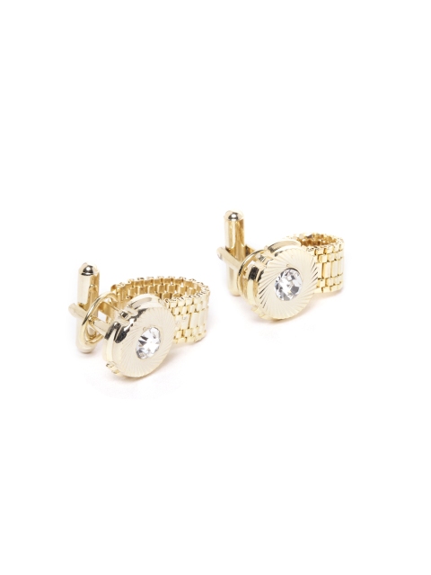 

D.C Creation Gold-Plated Stone-Studded Chain Detail Geometric Cufflinks