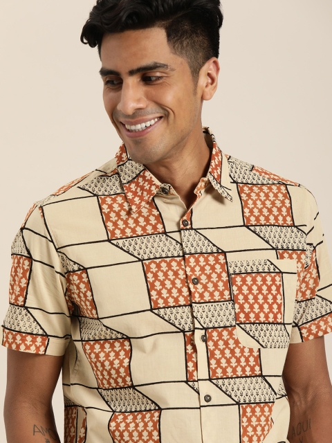 

Taavi Men Beige & Orange Bagru Hand Block Print Sustainable Shirt With Patch Pocket