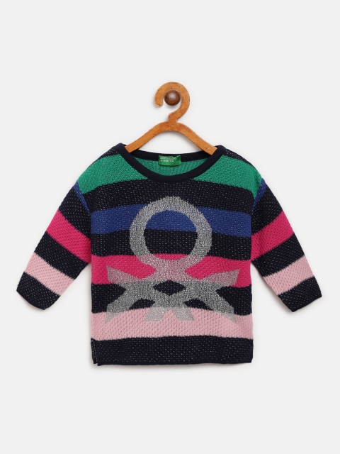 

United Colors of Benetton Girls Navy Blue & Pink Striped Sweater with Brand Logo