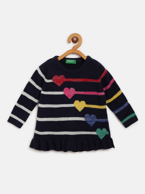 

United Colors of Benetton Girls Navy & White Striped Pullover with Heart Pattern, Navy blue