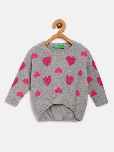 

United Colors of Benetton Girls Grey Melange & Pink Heart Self Design Pullover