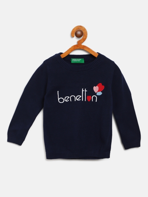 

United Colors of Benetton Girls Navy Blue Brand Logo Embroidered Pullover Sweater