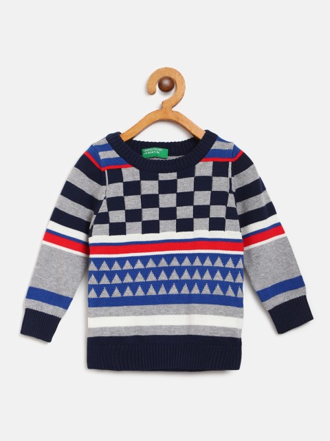 

United Colors of Benetton Boys Grey Melange & Navy Checked Pullover