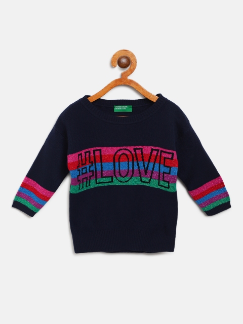 

United Colors of Benetton Girls Navy Blue Striped Pullover Sweater