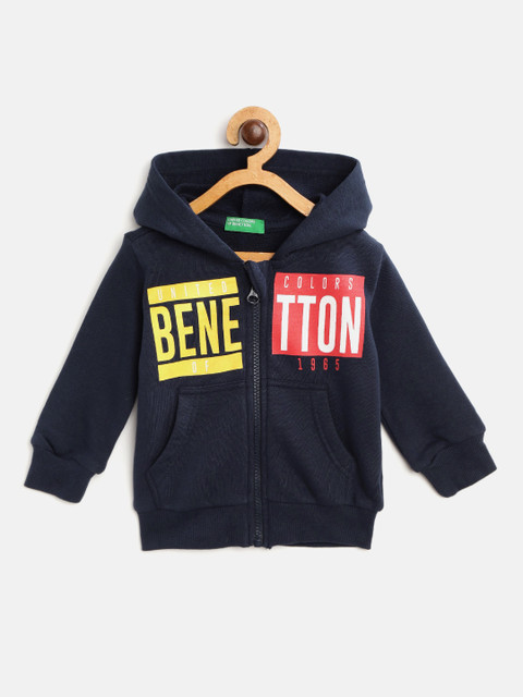 

United Colors of Benetton Boys Navy Blue & Yellow Brand Logo Print Hooded Sweatshirt